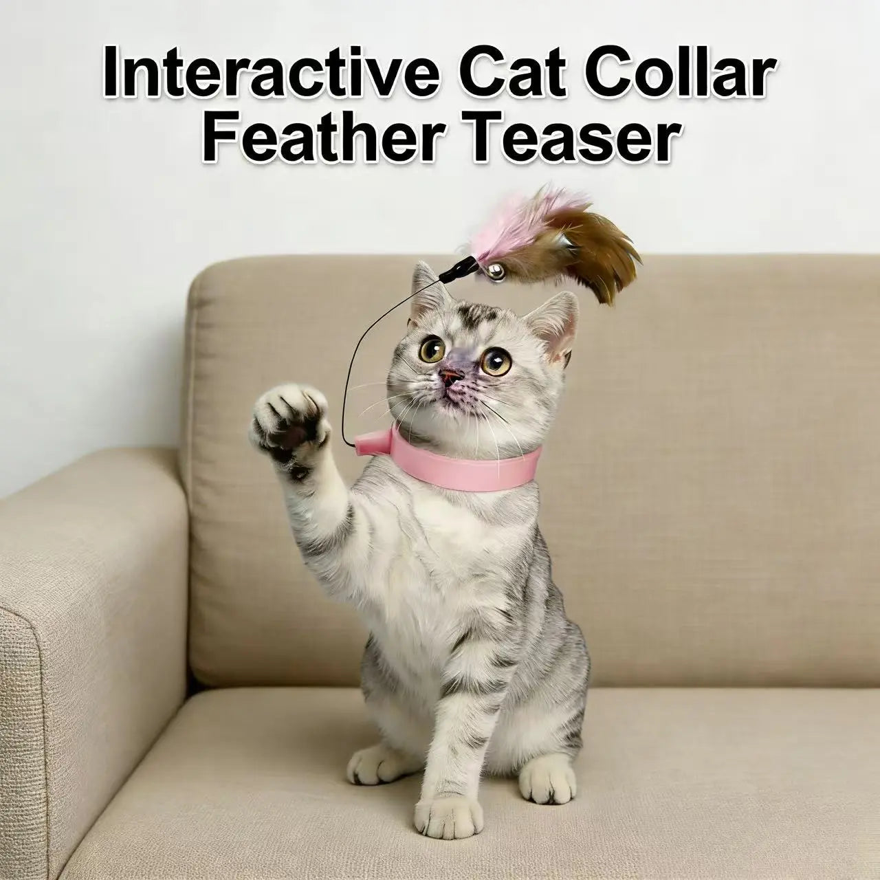 Flapping Interactive Hanging Cat Toy Collar Necklace Feather Teaser Toy Chase Catch Jump Kitten Dog Neck Wand Training Toy Gym Physical Exercise Hunting Skill Durable Adjustable Silicone Collar Pet Play