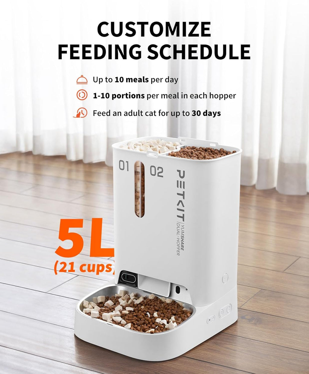 Automatic Cat Dog Feeder with Camera, Ai-Powered Motion Capturing, 1080P HD Video with Night Vision, 2.4G Wifi Pet Feeder with 2-Way Audio, Dual Hopper Pet Food Dispenser with Desiccant