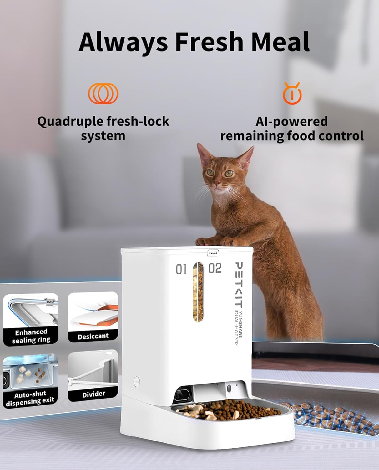 Automatic Cat Dog Feeder with Camera, Ai-Powered Motion Capturing, 1080P HD Video with Night Vision, 2.4G Wifi Pet Feeder with 2-Way Audio, Dual Hopper Pet Food Dispenser with Desiccant